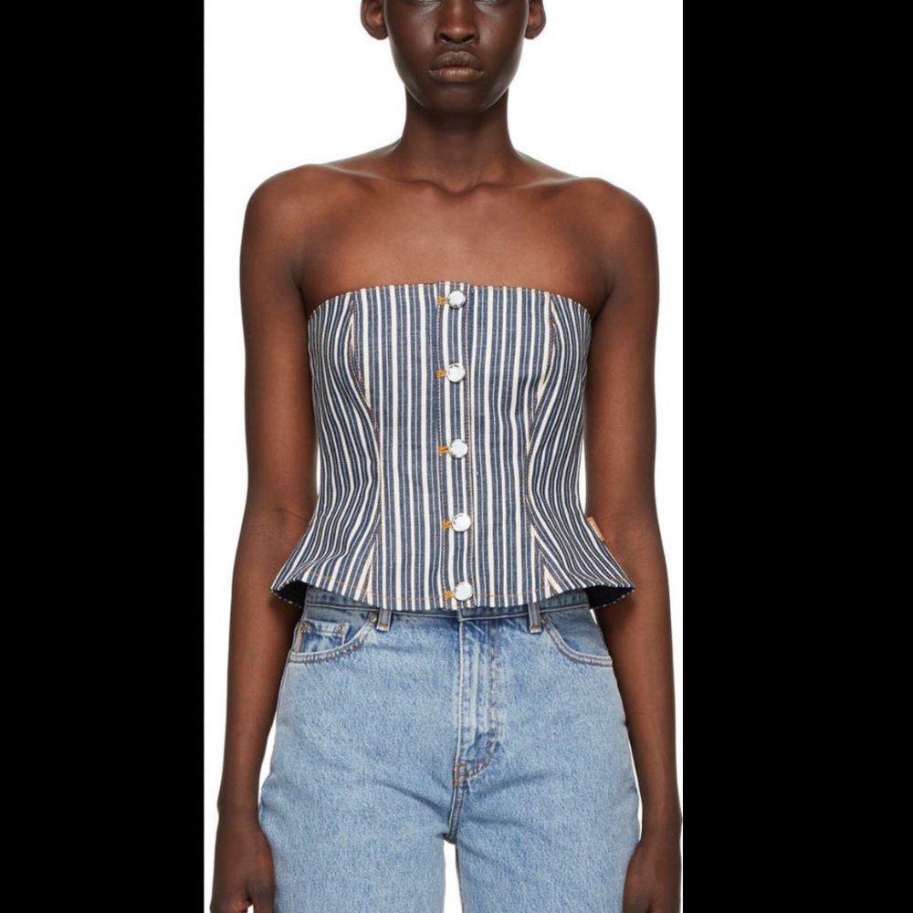 GANNI Indigo & White Denim Mixed Stripe Camisole